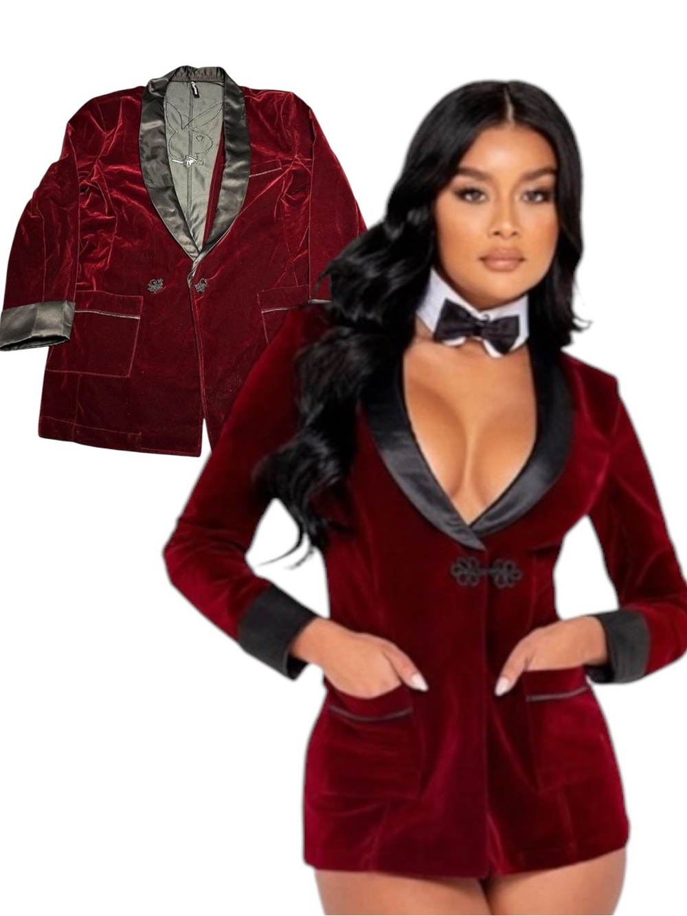 Playboy Bunny Stretch Velvet Burgundy Smoking Jacket Playmate Blazer Costume M